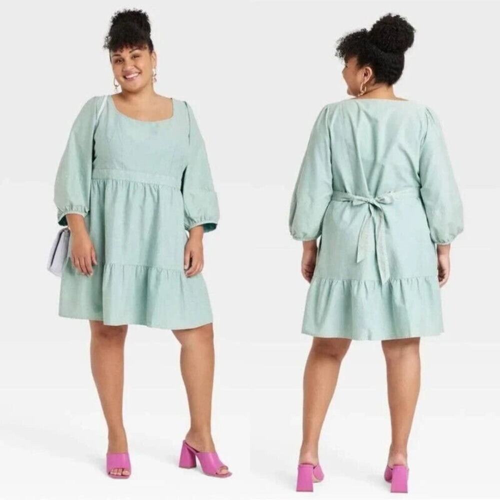 NWT Ava & Viv Women's Ruffle Hem Acid Wash Cottage Boho Tiered Tie Back Dress 1X